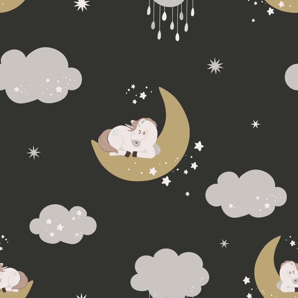 sans couture modèle avec mignonne Licorne dans le ciel. main tiré la magie klaxon sommeil sur lune sur une foncé Contexte. plat céleste vecteur illustration.