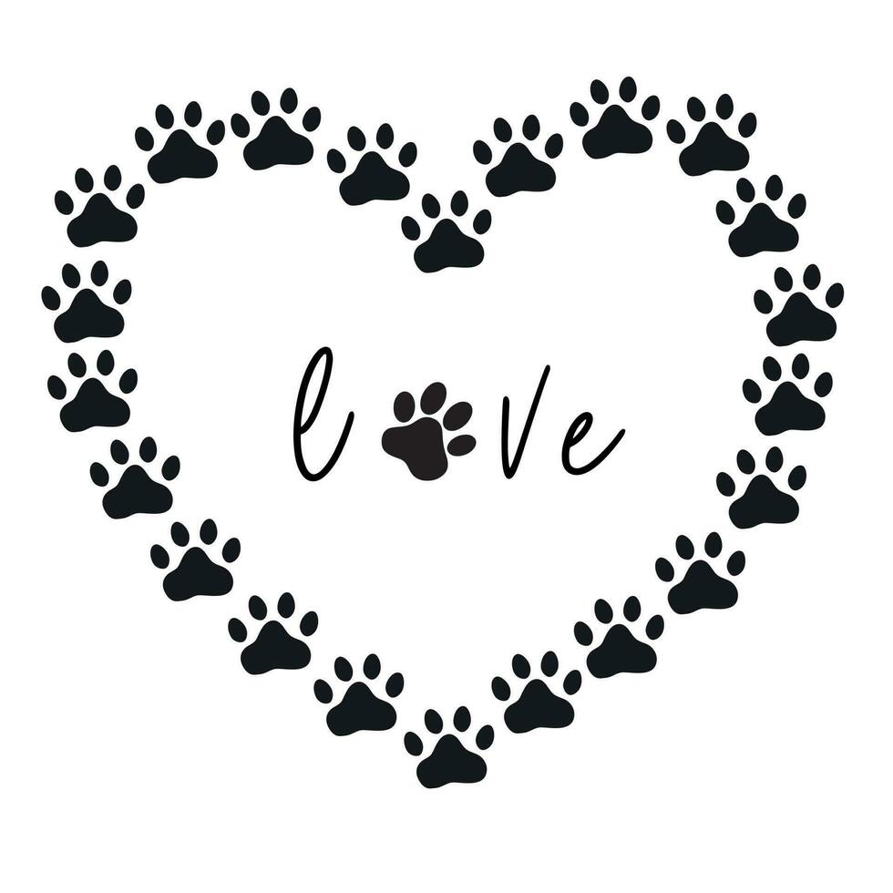 cœur de pattes. traces de chiens ou chats. vecteur silhouette de une cœur et le une inscription l'amour. le concept de l'amour pour animaux