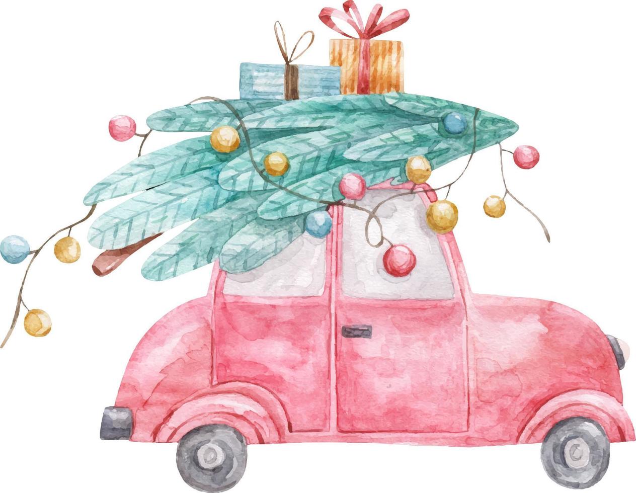 rouge Noël voiture avec sapin arbre et Nouveau année cadeaux, mignonne illustration aquarelle imprimer, décor.eps vecteur