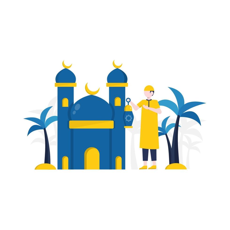 les musulmans font le jeûne du ramadan et célèbrent l'illustration vectorielle eid al-fitr, adapté à la page de destination, à l'interface utilisateur, au site Web, à l'application mobile, à la rédaction, à l'affiche, au dépliant, à l'article et à la bannière vecteur