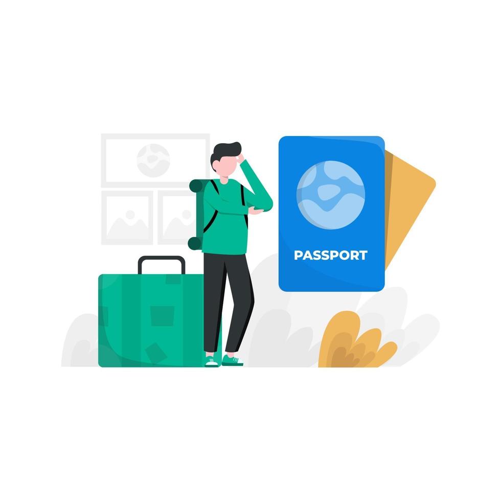 un voyageur prépare des bagages, des passeports et des caméras pour une illustration vectorielle de vacances, adapté à la page de destination, à l'interface utilisateur, au site Web, à l'application mobile, à la rédaction, à l'affiche, au dépliant, à l'article et à la bannière vecteur