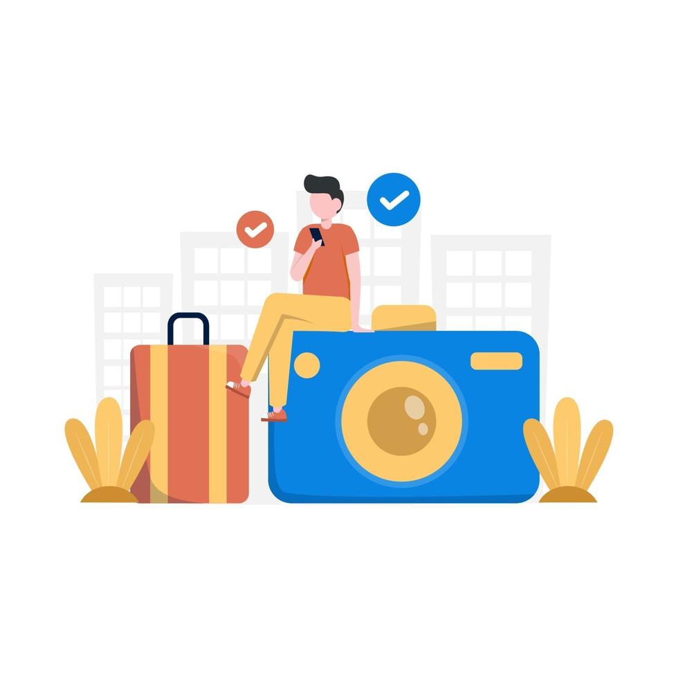 un voyageur prépare des bagages, des passeports et des caméras pour une illustration vectorielle de vacances, adapté à la page de destination, à l'interface utilisateur, au site Web, à l'application mobile, à la rédaction, à l'affiche, au dépliant, à l'article et à la bannière vecteur