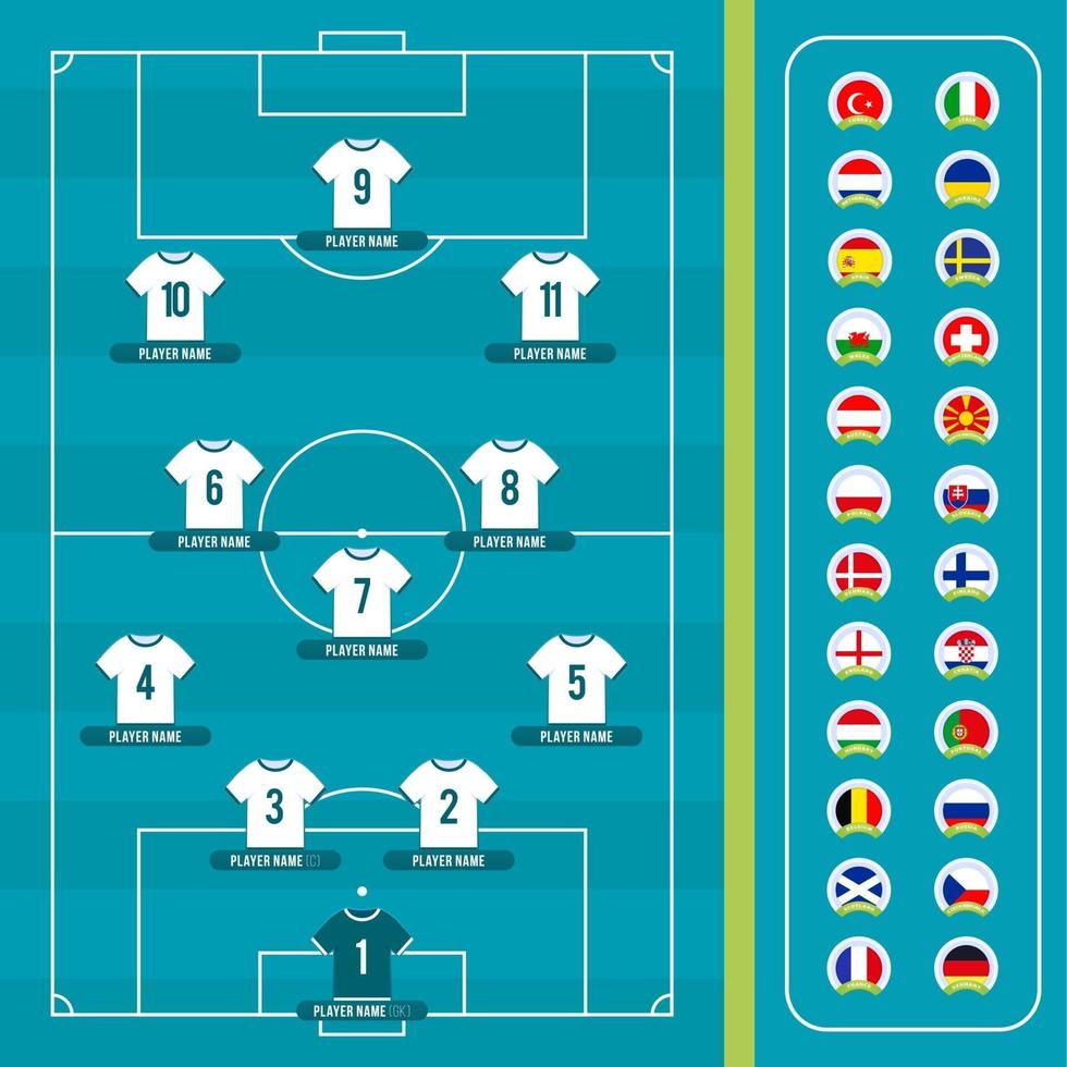 formation de l'équipe de football 2020. conception de modèle graphique de diffusion de tournoi de la ligue. composition de l'équipe sur le graphique de football déposé pour l'équipe de départ de football. vecteur