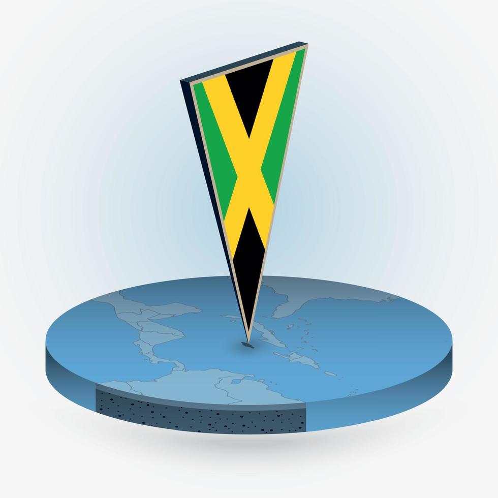 Jamaïque carte dans rond isométrique style avec triangulaire 3d drapeau de Jamaïque vecteur