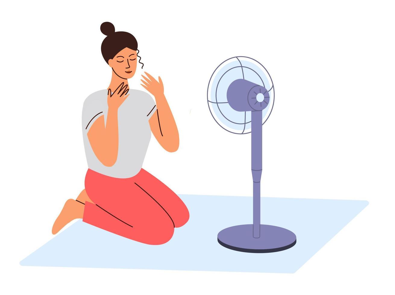 femme profiter air couler de ventilateur sur sol c'est-à-dire maison. refroidissement maison dans été. plat vecteur illustration.