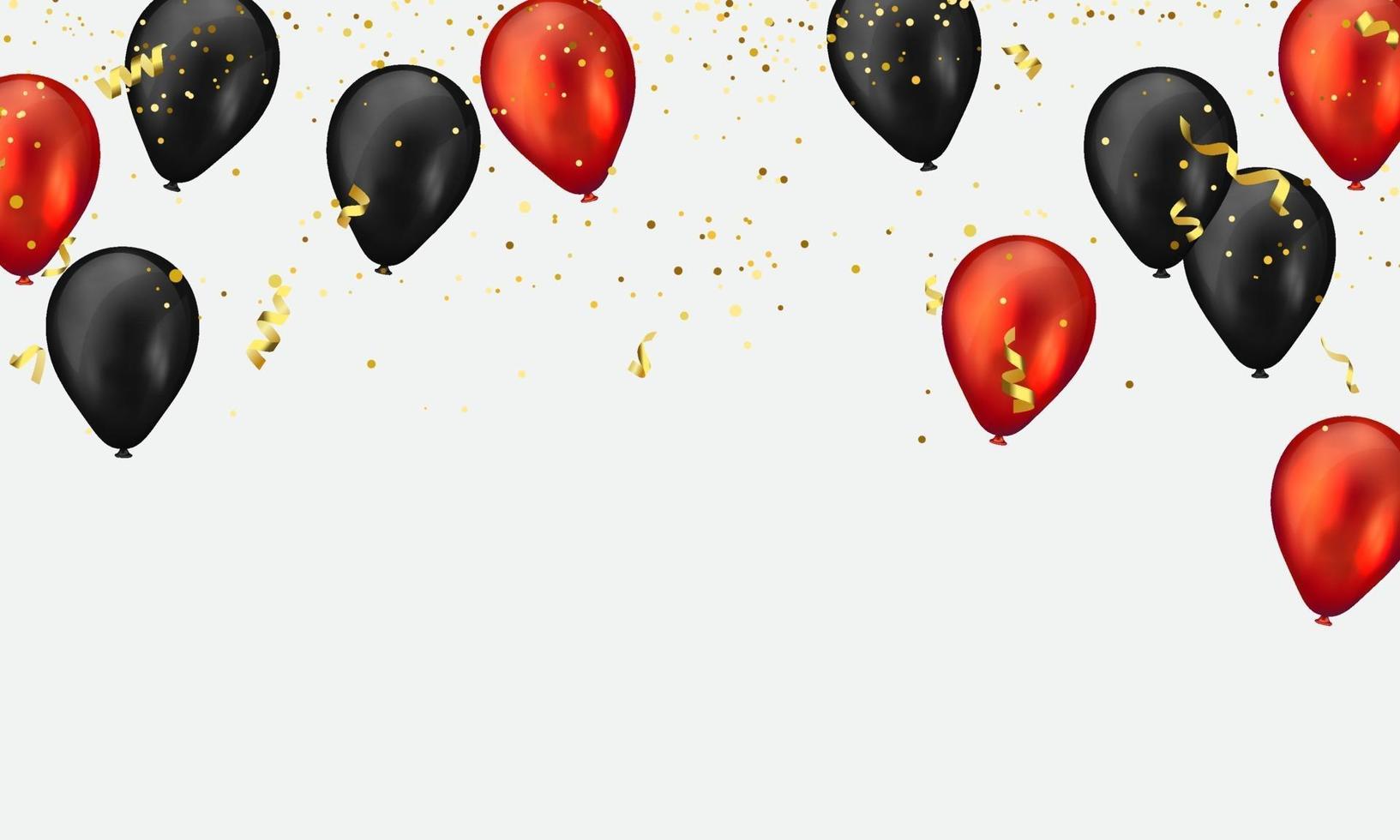 ballons rouges et noirs confettis or scintillent pour l'affiche d'événement et de vacances. illustration vectorielle de fond célébration. vecteur