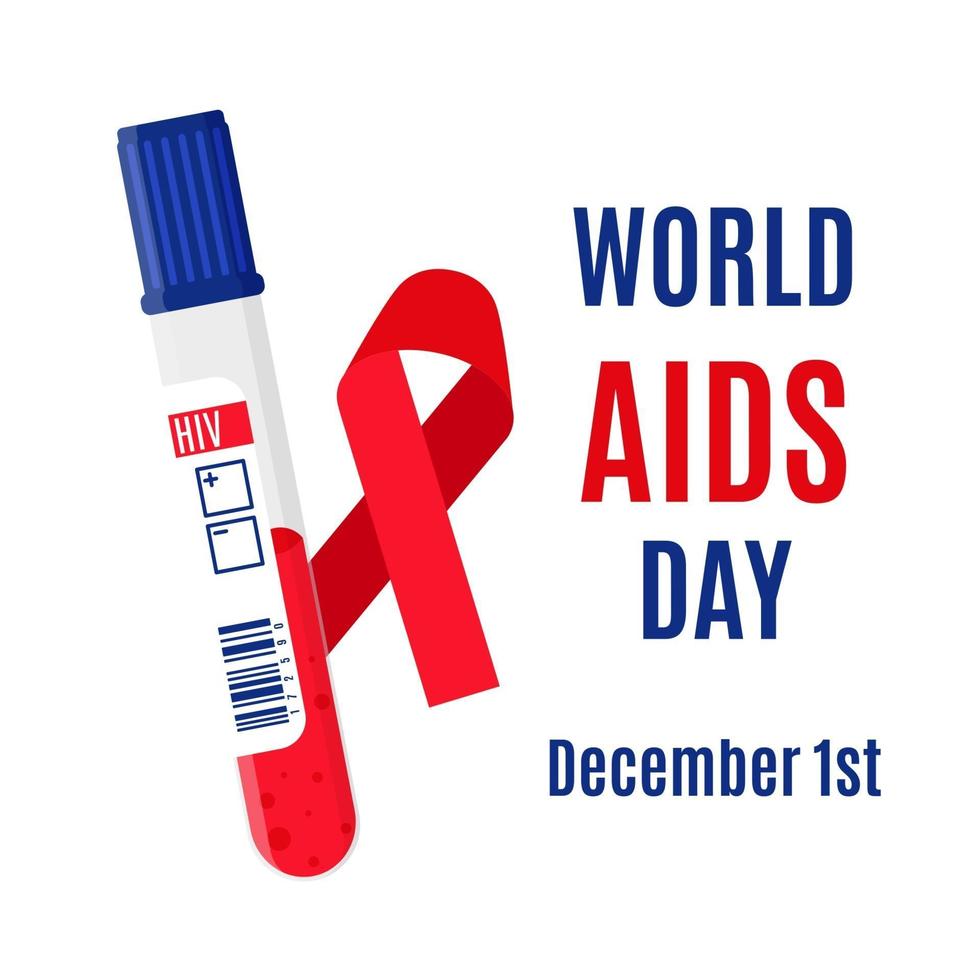 bannière de vecteur avec un ruban rouge, un tube à essai avec un test sanguin pour le vih et une inscription. 1er décembre - journée mondiale du sida.