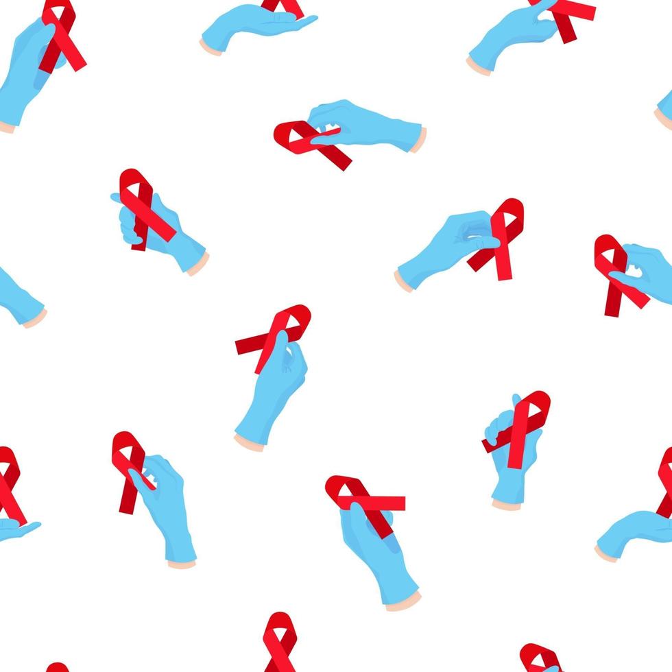modèle sans couture de dessin animé de vecteur avec la main d'un médecin dans un gant bleu tenant un ruban rouge. journée mondiale du sida.