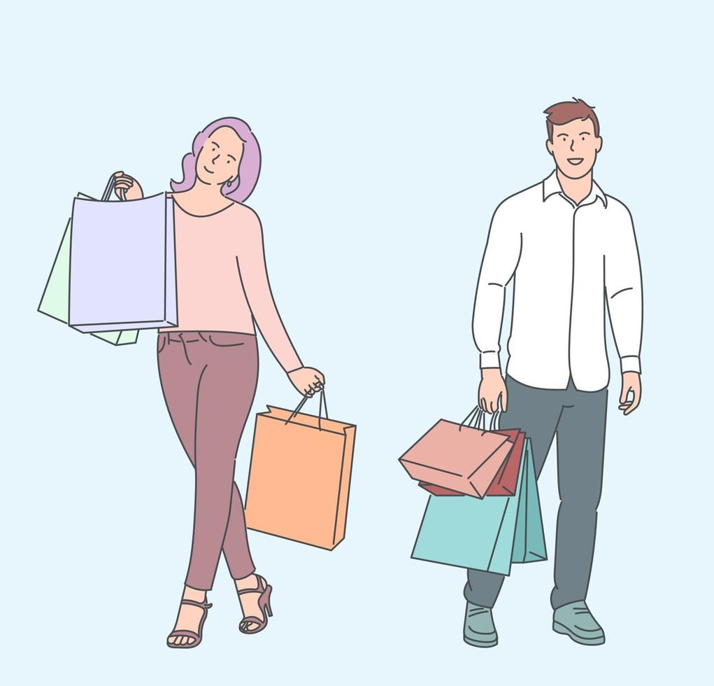 shopping, vente, choix, magasin, concept d'achat. jeune homme femme mari femme copain copine personnages portant un sac à provisions. joie d'acheter des produits en solde, des remises. vecteur