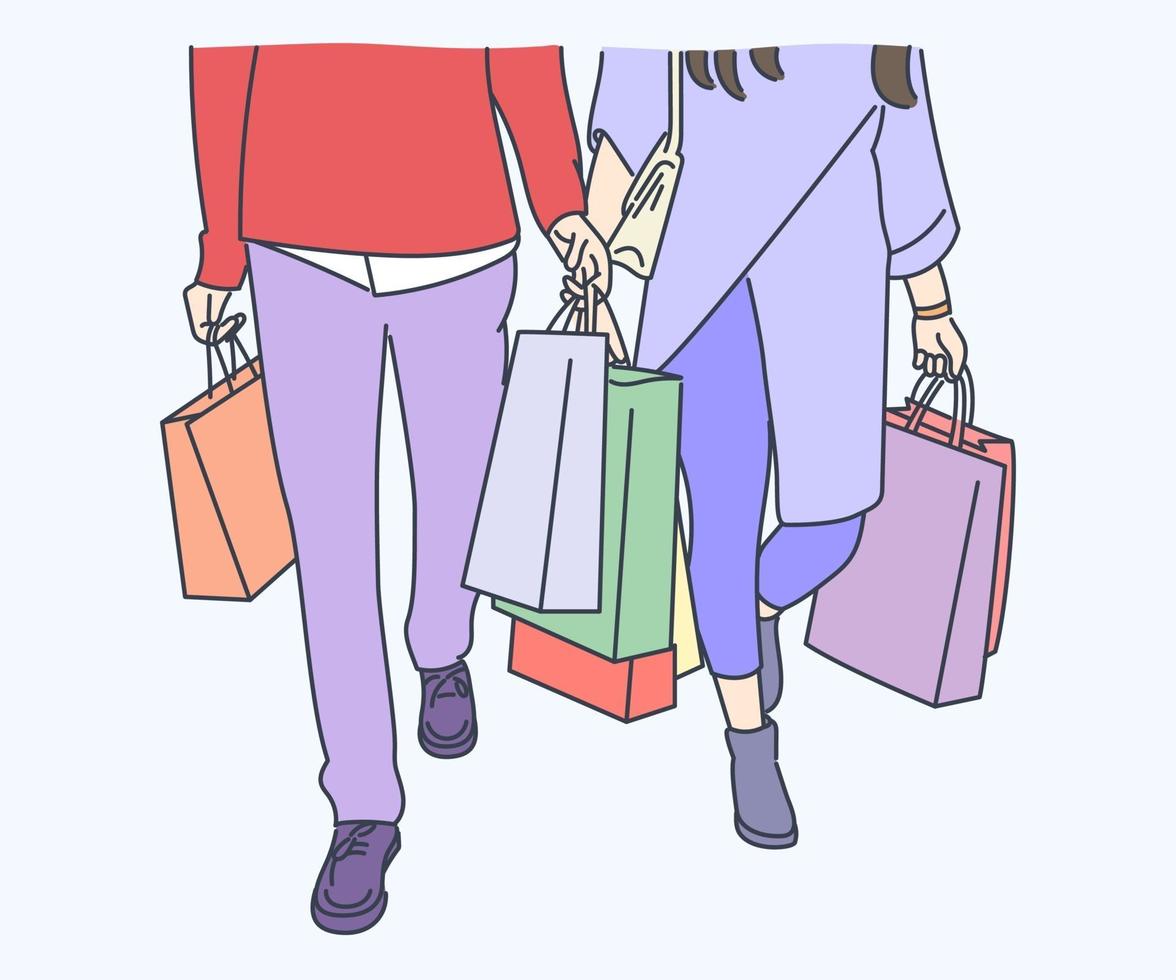 shopping, vente, choix, magasin, concept d'achat. jeune couple portant un sac à provisions style de ligne mince dessiné à la main, illustrations vectorielles. vecteur