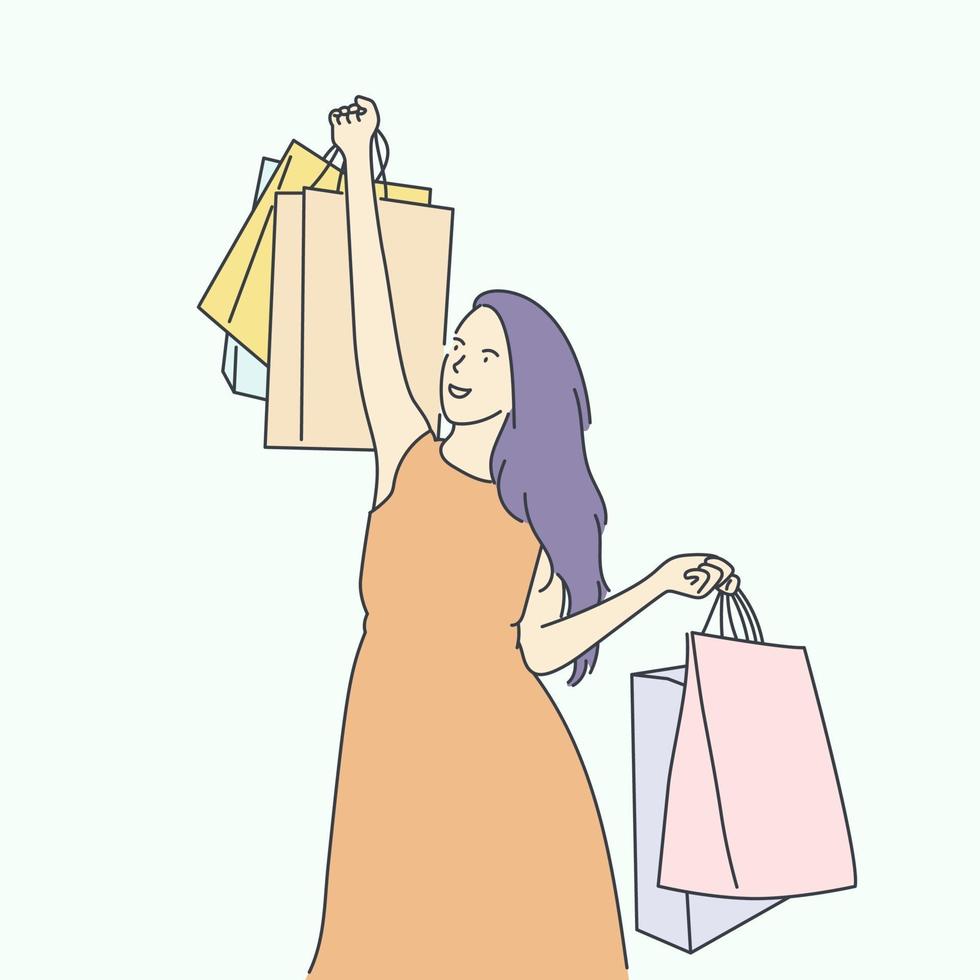 shopping, vente, choix, magasin, concept d'achat. joyeuse jeune fille heureuse de faire du shopping. vecteur