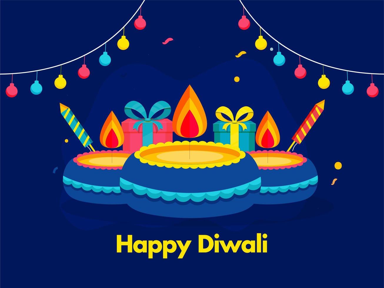 content diwali fête affiche conception avec allumé pétrole les lampes, pétard fusées, cadeau des boites et babiole guirlande décoré sur bleu Contexte. vecteur