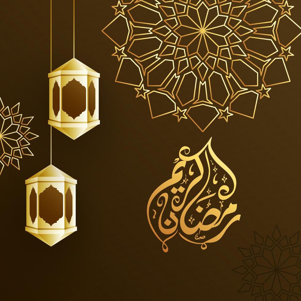 arabe islamique calligraphie texte Ramadan kareem avec pendaison arabe lampe et mandala modèle fleur sur marron Contexte. vecteur