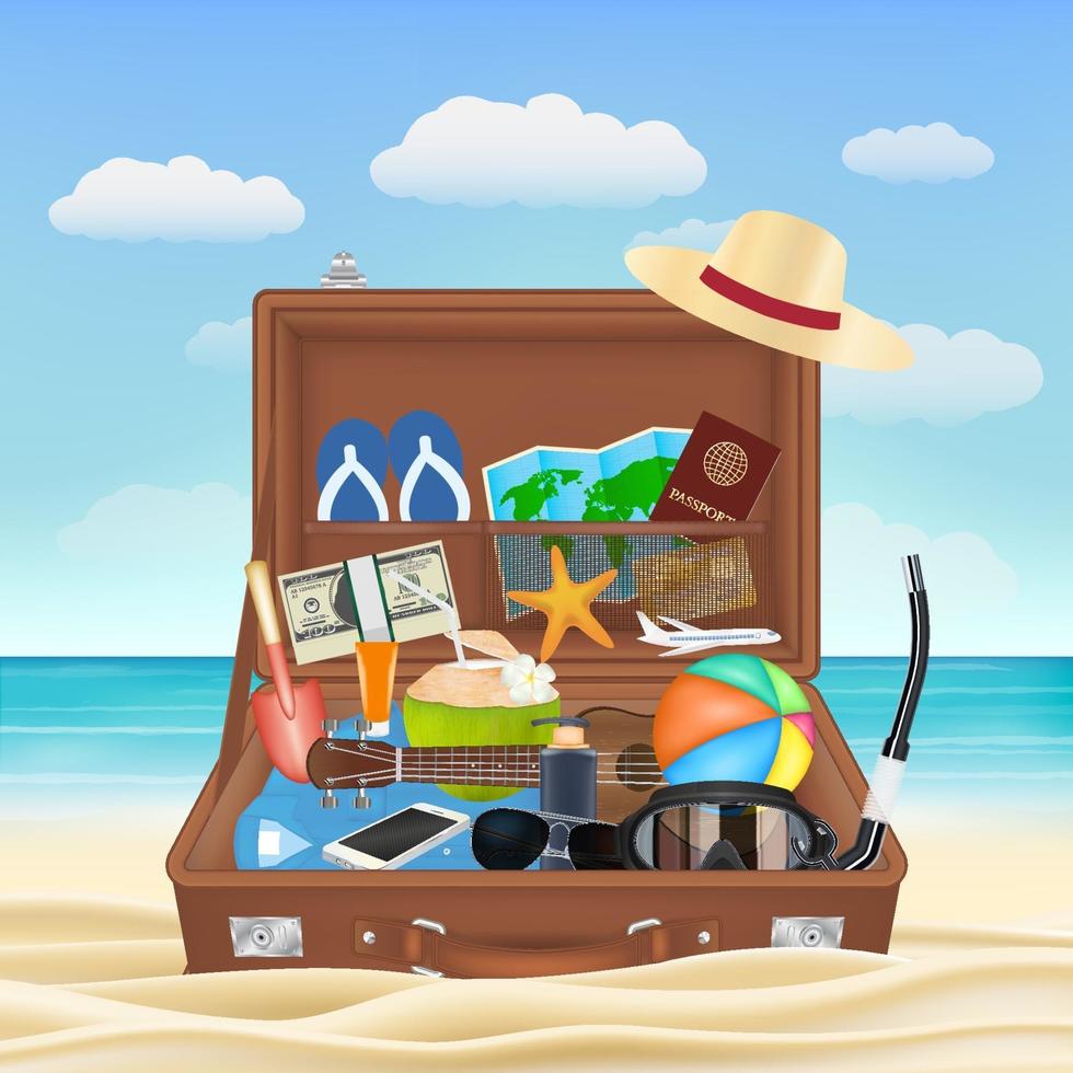 valise ouverte avec des objets de voyage de plage sur la plage vecteur