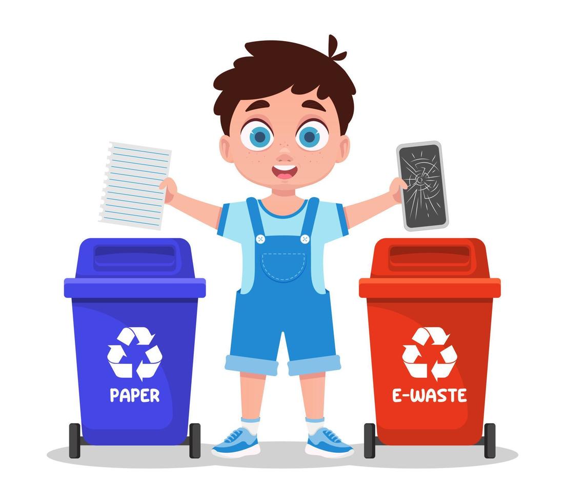 garçon trie ordures, papier et électronique déchets vecteur