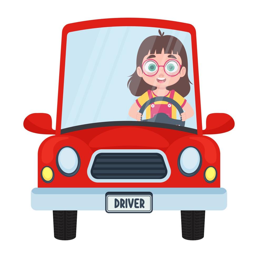 mignonne enfant conduite une rouge voiture vecteur