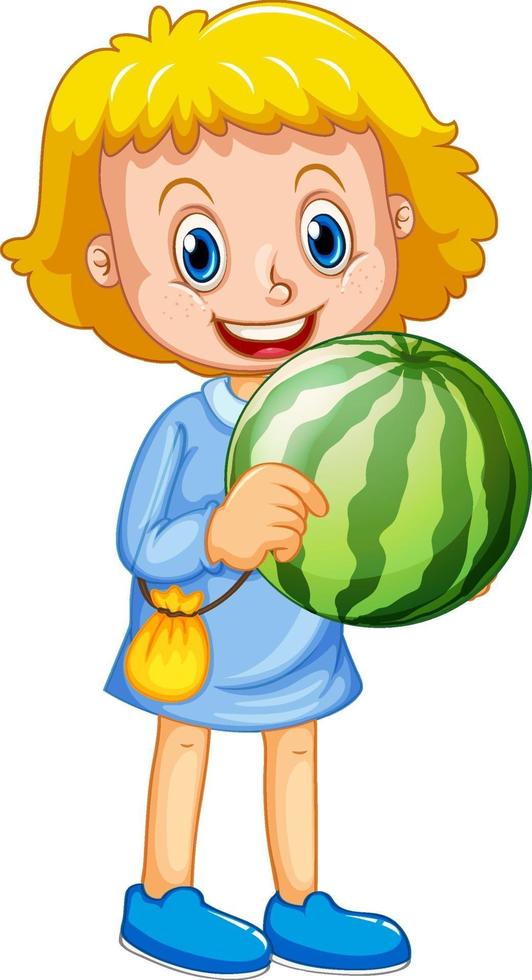 Une fille tenant le personnage de dessin animé de fruits pastèque isolé sur fond blanc vecteur
