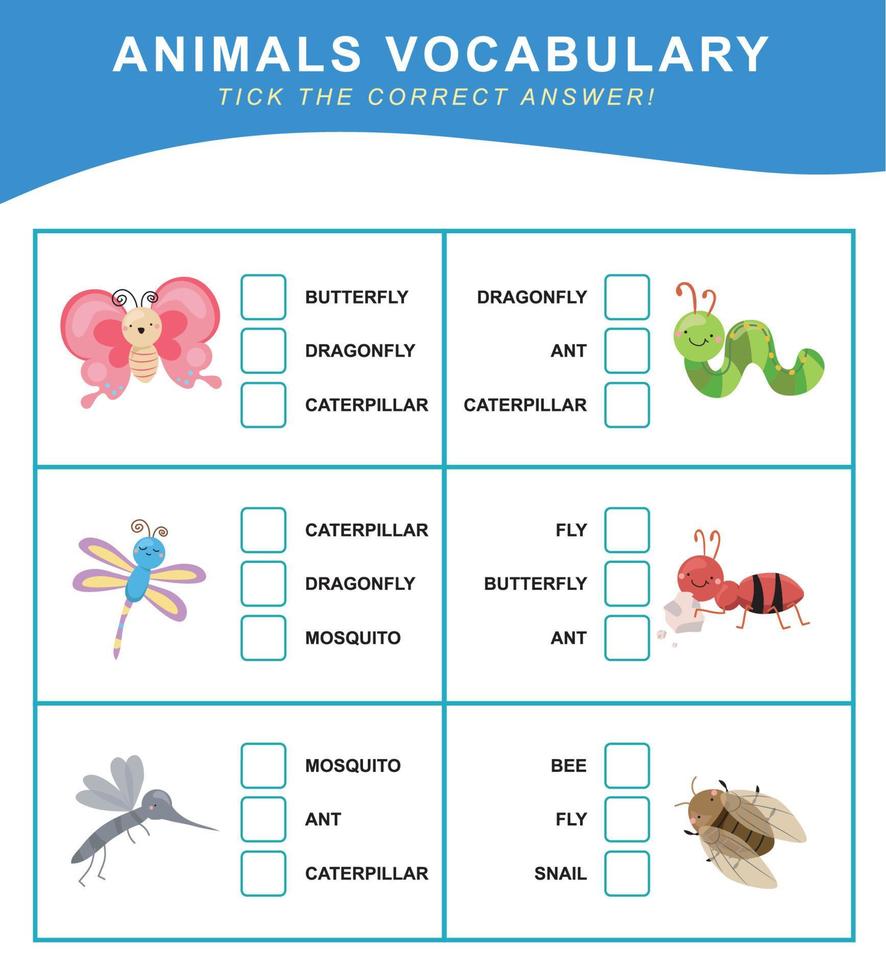 choisir le correct répondre. animaux vocabulaire. feuille de travail pour préscolaire. mots tester éducatif Jeu pour les enfants. vecteur déposer.