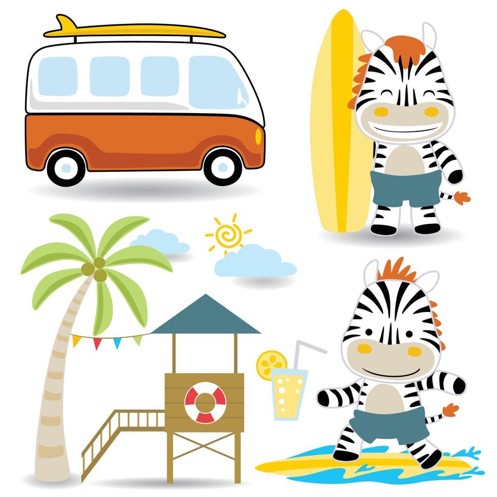 vecteur dessin animé de marrant zèbre surfant, été plage vacances éléments