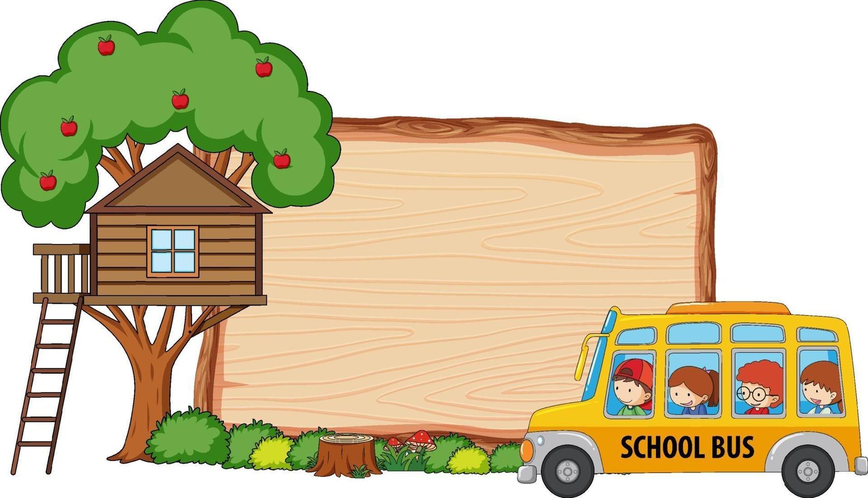 planche de bois vide avec de nombreux enfants sur le bus scolaire isolé vecteur