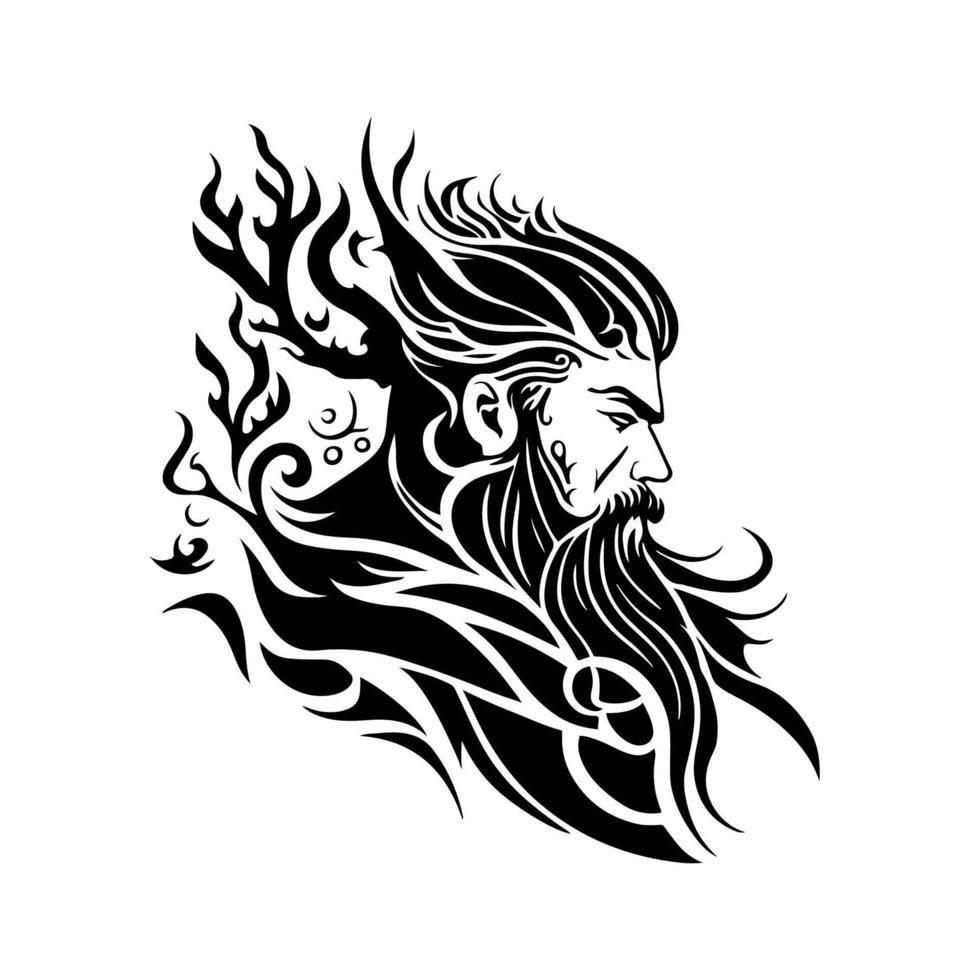 robuste viking guerrier avec barbe, moustache et longue cheveux. monochrome vecteur illustration dans tatouage style parfait pour tatouage conception, T-shirt impressions, et à thème masculin projets.