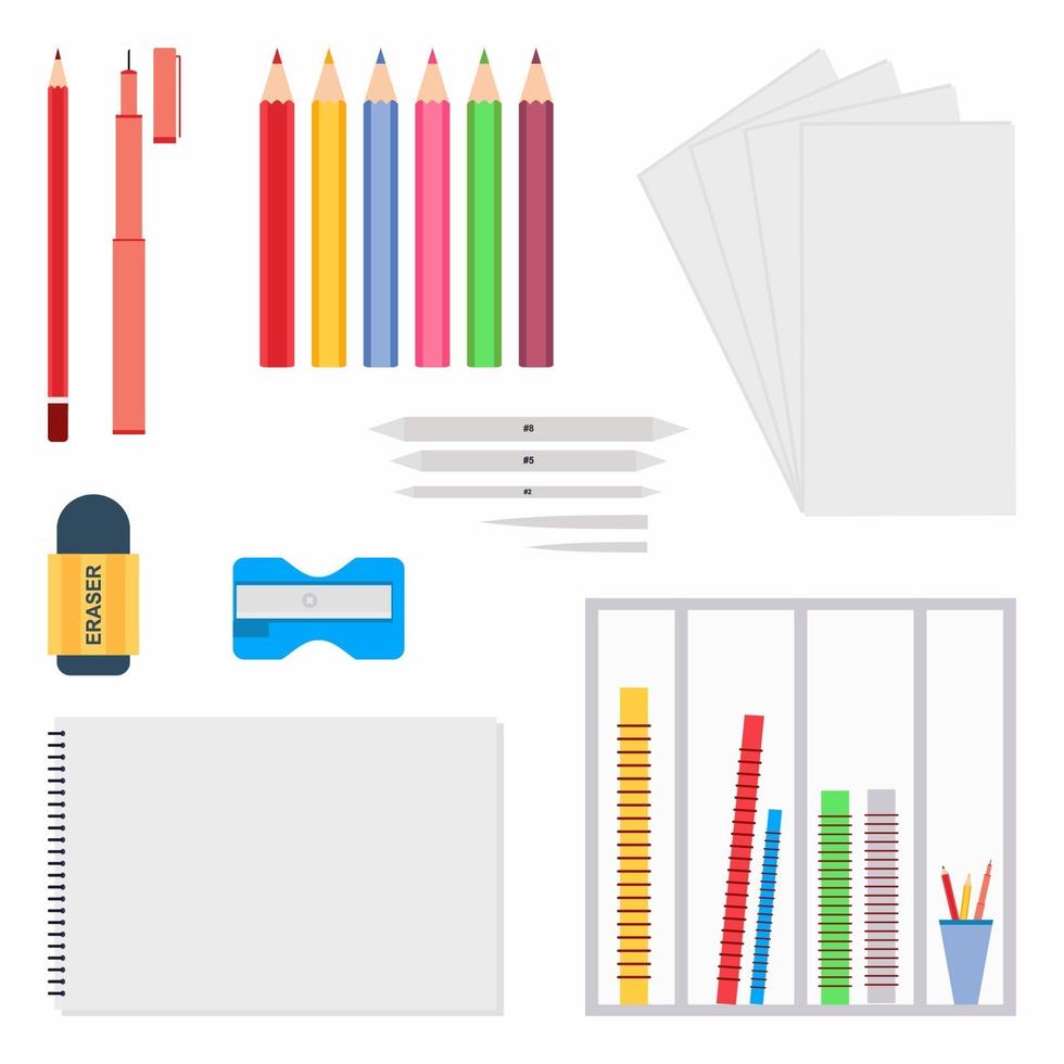 papeterie dans un style plat. outils de dessin tels que crayon, gomme à effacer, reliure à papier à dessin, taille-crayon, stylo à dessin, crayon coloré, etc. équipements pour artiste, école. illustration vectorielle vecteur