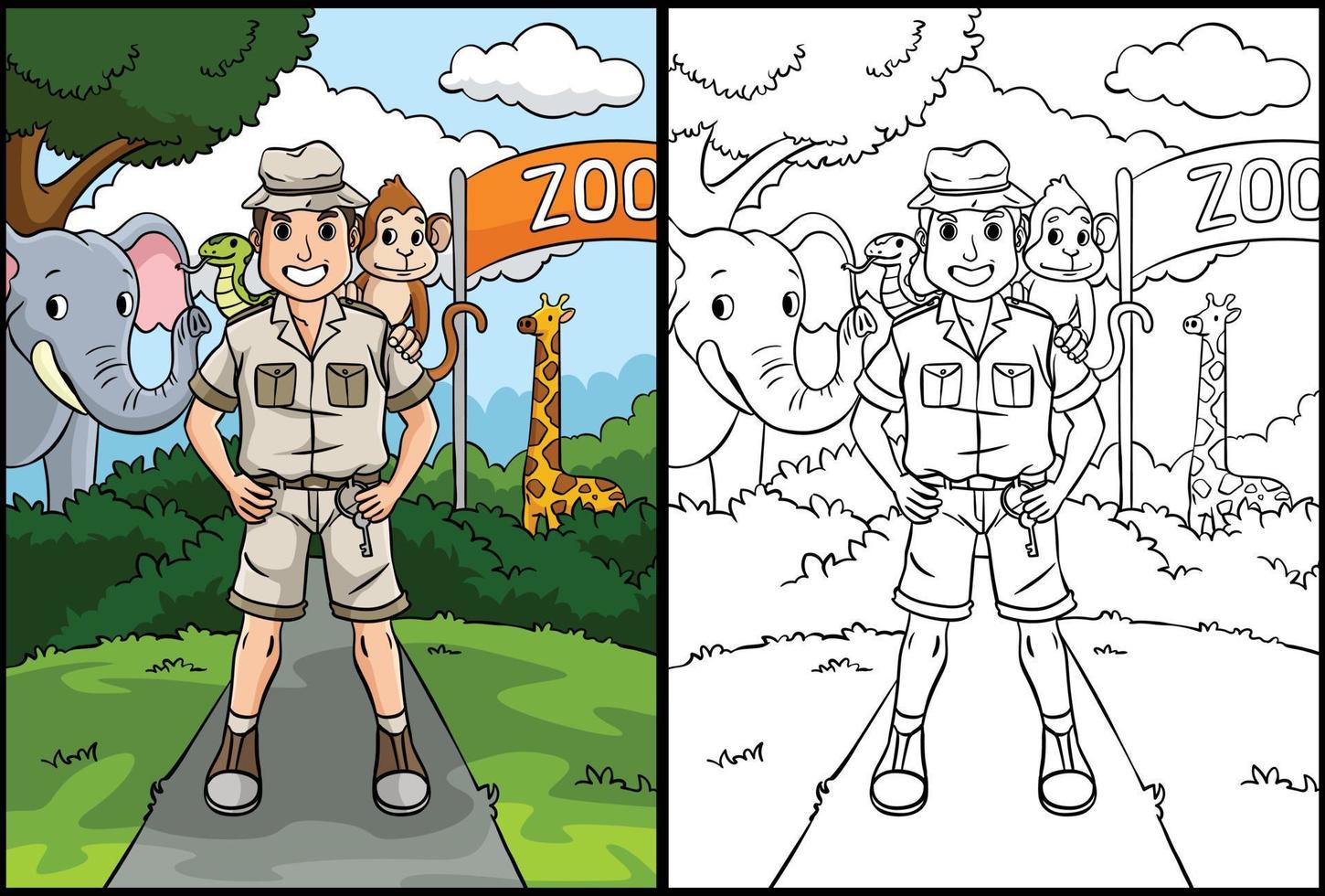 gardien de zoo coloration page coloré illustration vecteur