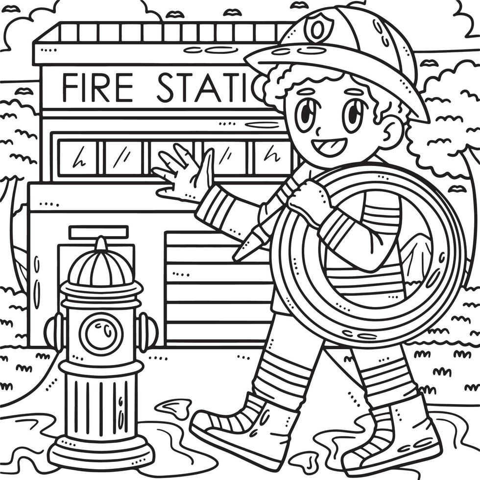 la main d'oeuvre journée pompier avec tuyau coloration page pour des gamins vecteur