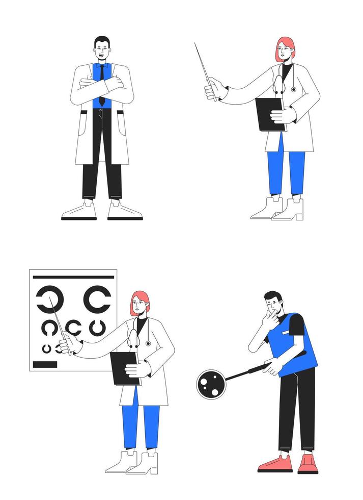 différent médical spécialistes plat ligne Couleur vecteur personnages ensemble. modifiable Facile contour plein corps gens sur blanche. hôpital dessin animé place illustration pack pour la toile graphique conception et animation