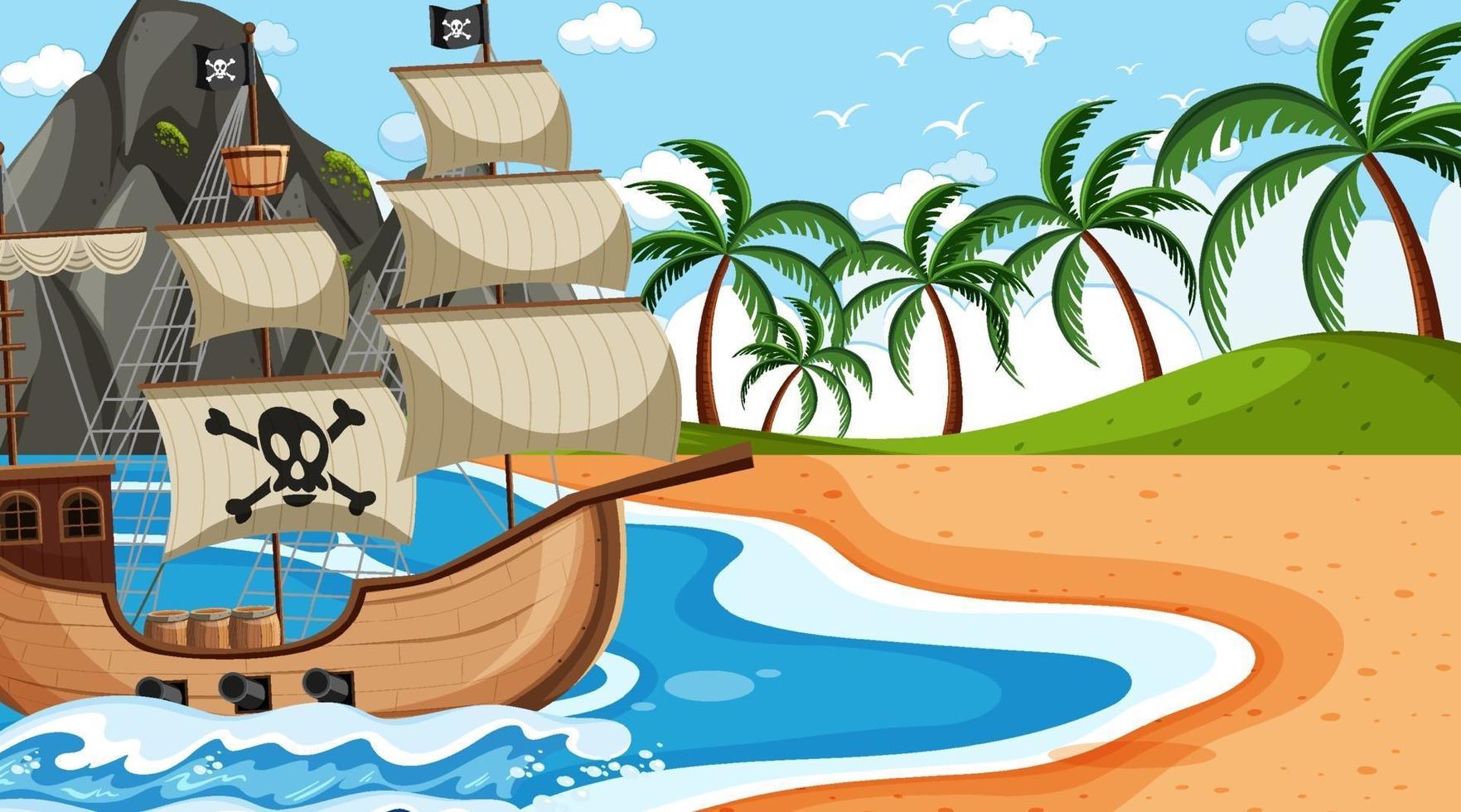 océan avec bateau pirate à la scène de jour en style cartoon vecteur