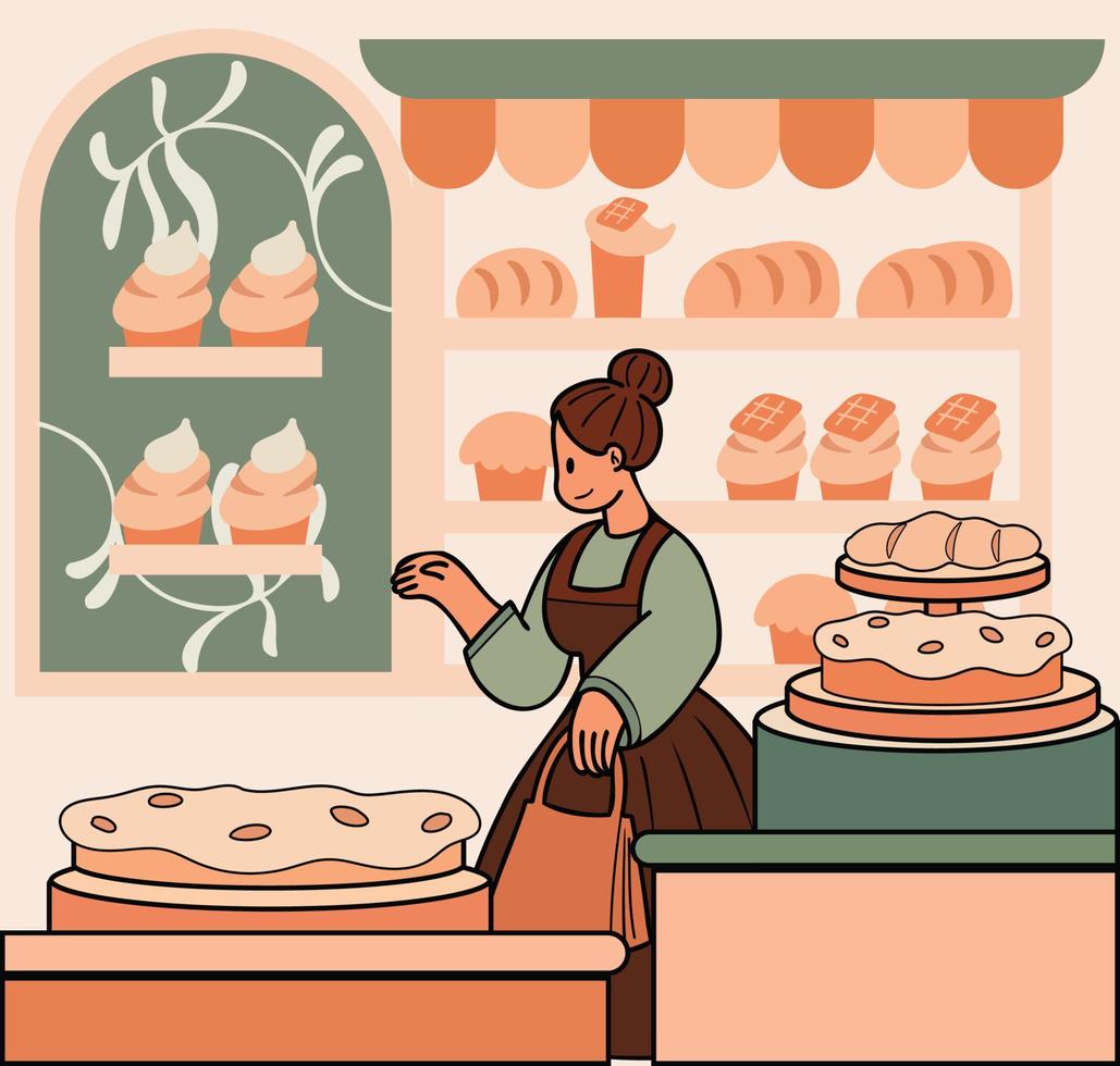 femme avec boulangerie illustration dans griffonnage style vecteur