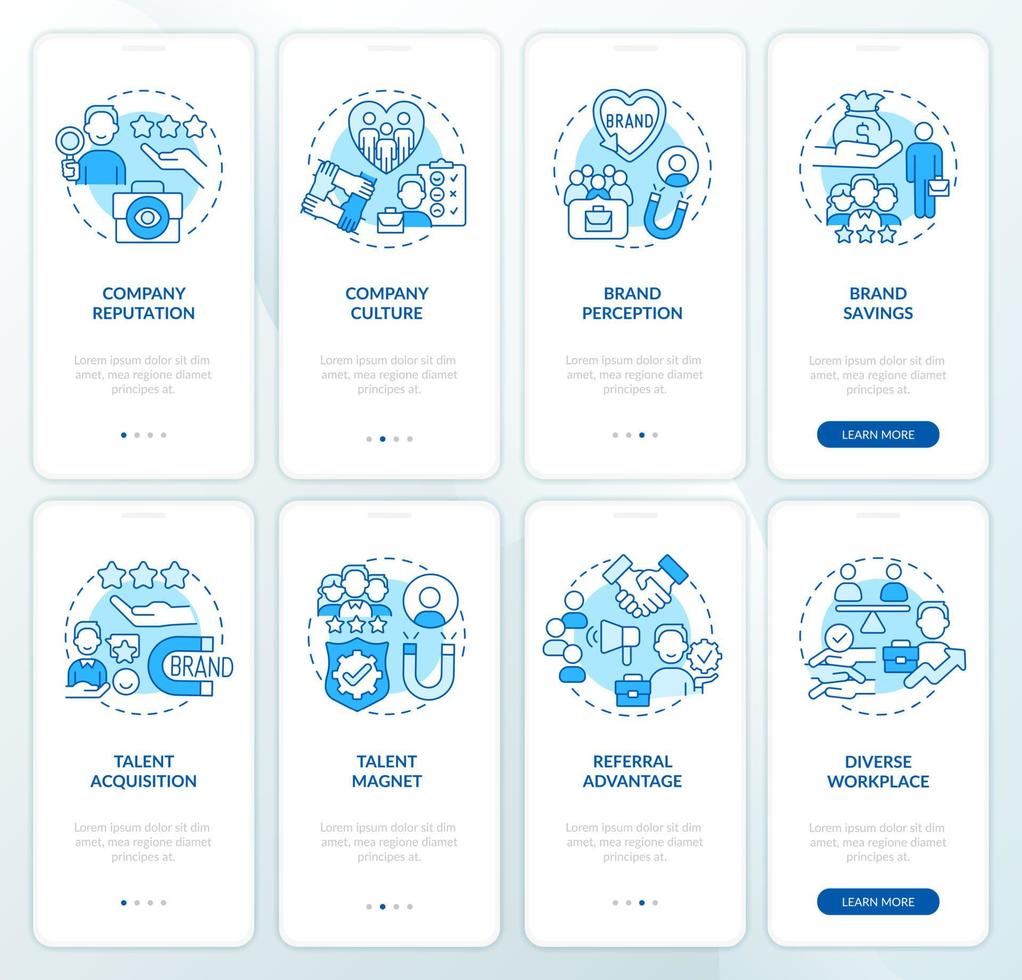 bénéfices de employeur l'image de marque bleu l'intégration mobile app écran ensemble. heure procédure pas à pas 4 pas modifiable graphique instructions avec linéaire concepts. interface utilisateur, ux, gui modèle vecteur