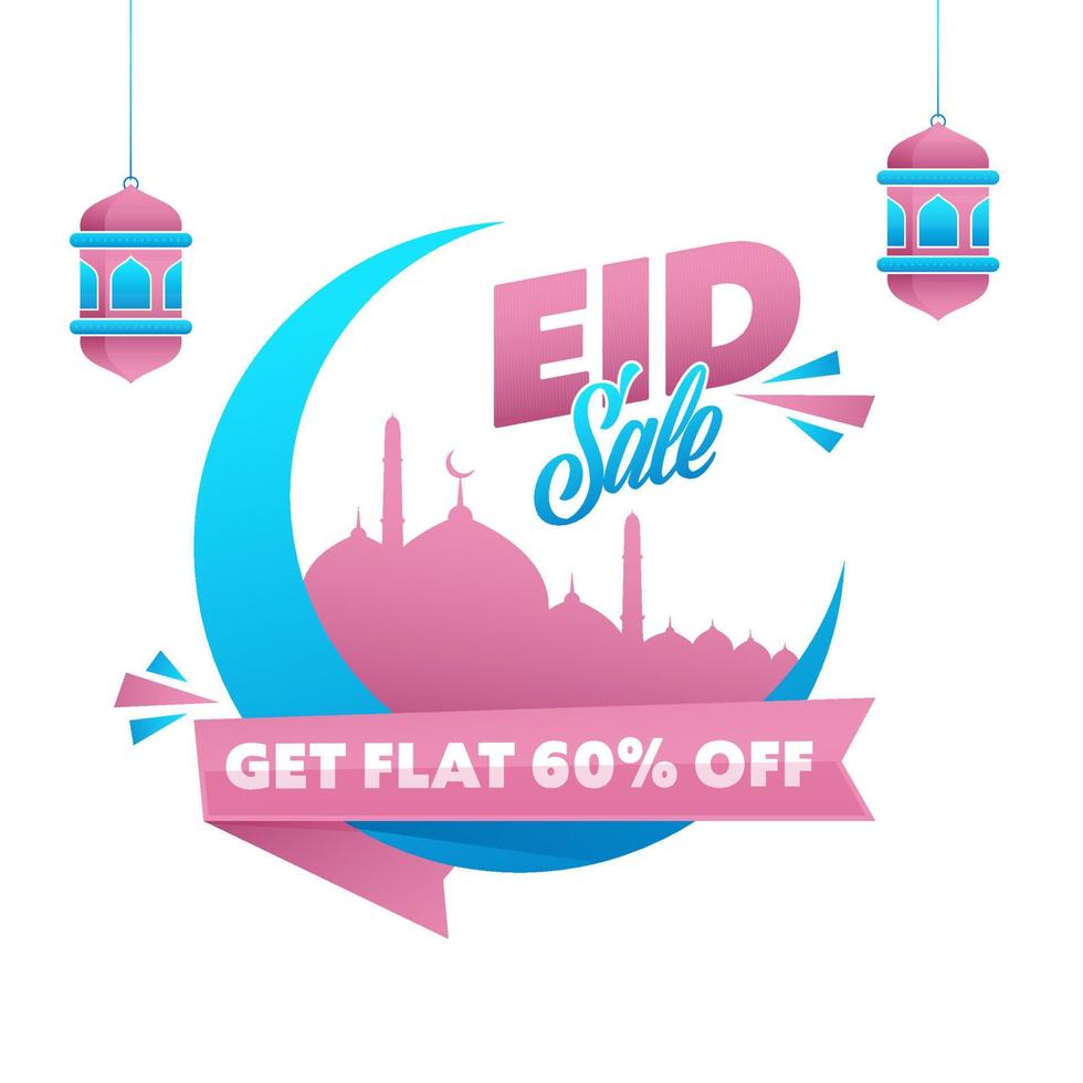 islamique Festival eid vente concept avec bleu croissant lune, rose mosquée, pendaison coloré lanternes sur blanc Contexte. vecteur