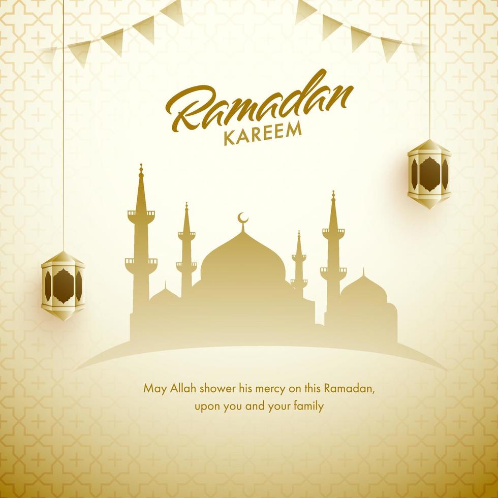 islamique saint mois de Ramadan concept avec mosquée et pendaison lanternes sur d'or Contexte. vecteur