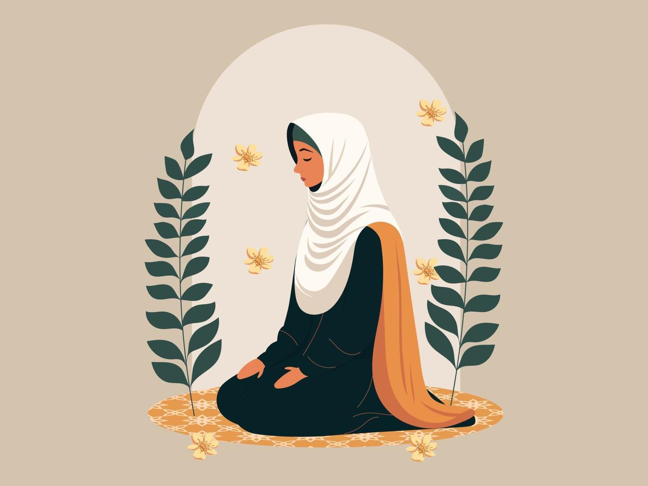 musulman femme personnage offre prière sur tapis et floral décoré Contexte. islamique religieux concept. vecteur