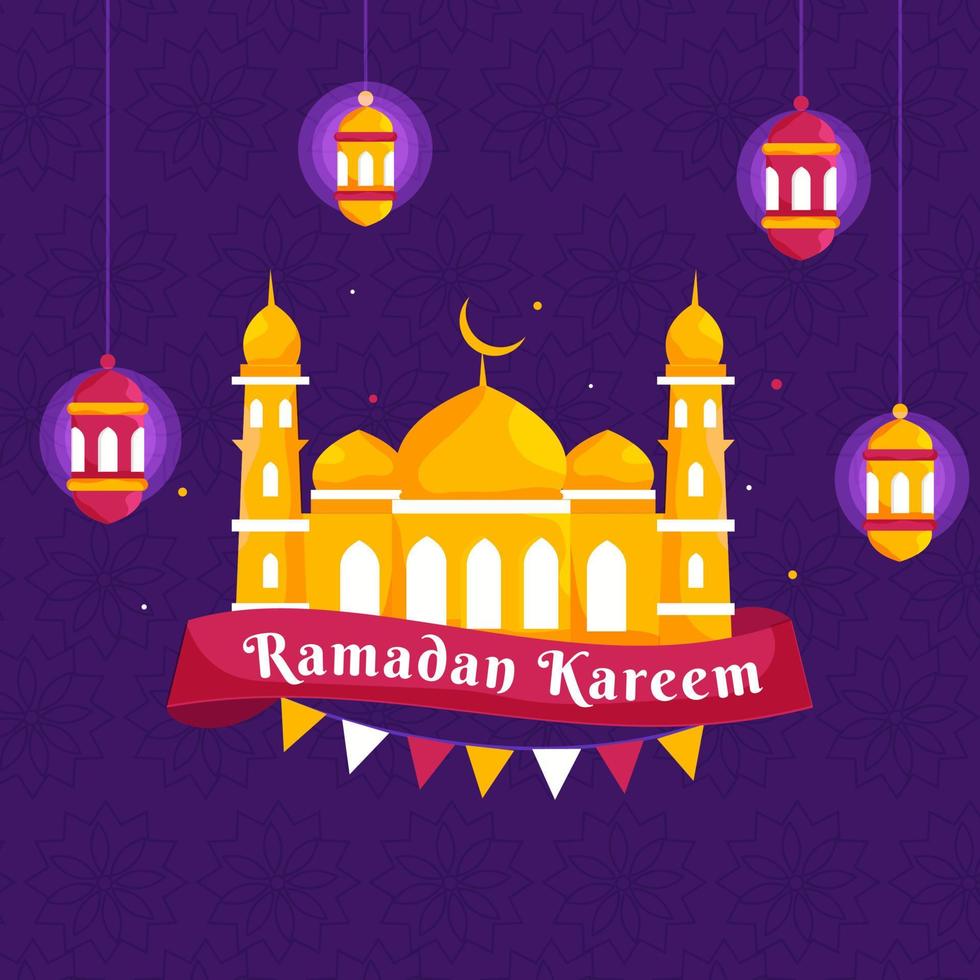 islamique saint mois de Ramadan concept avec pendaison éclairant lanternes, mosquée, et bruant drapeaux sur violet Contexte. vecteur