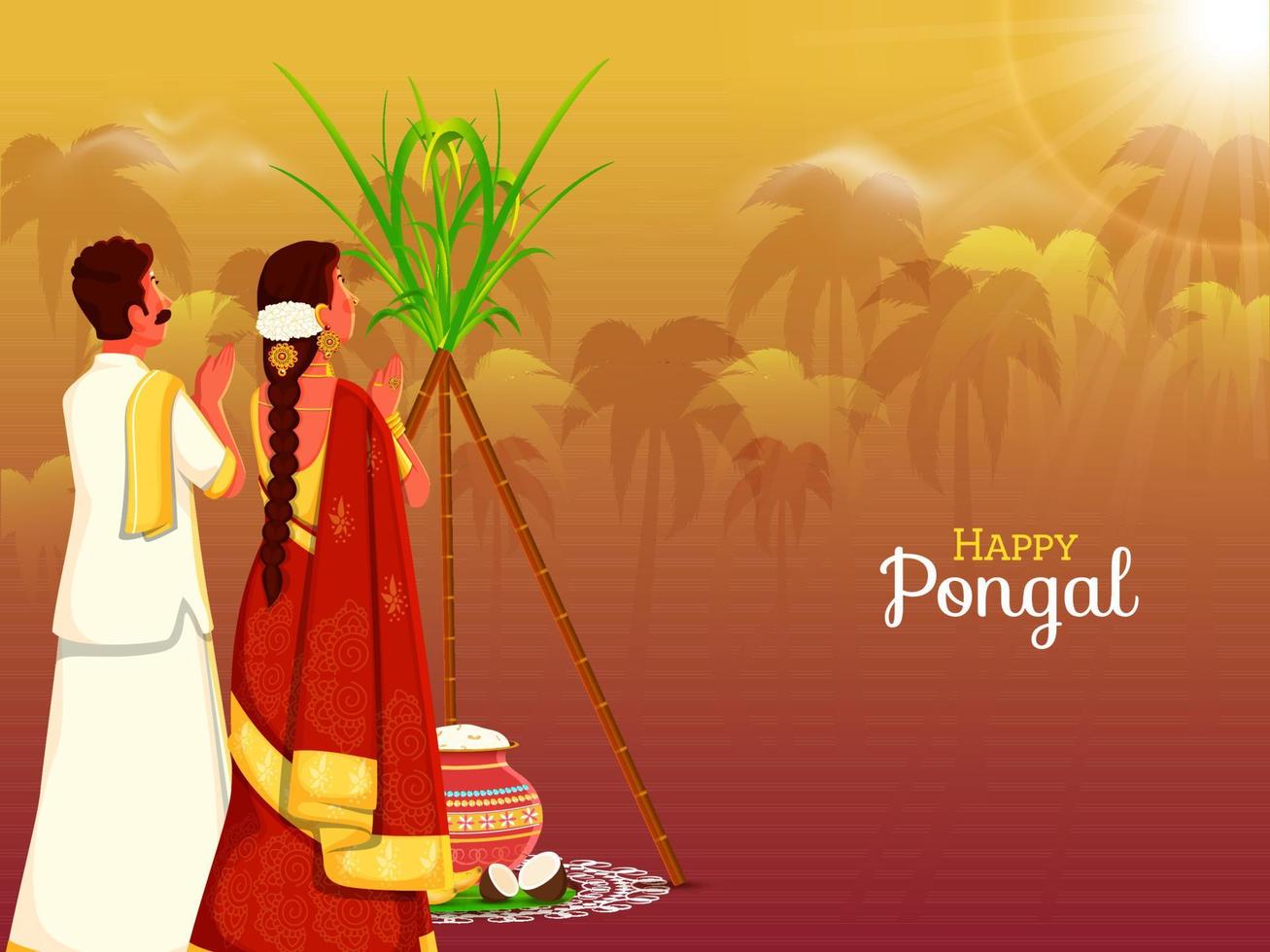 Sud Indien couple Faire Soleil culte avec canne à sucre, des fruits et pongali riz boue pot sur le occasion de pongal. vecteur