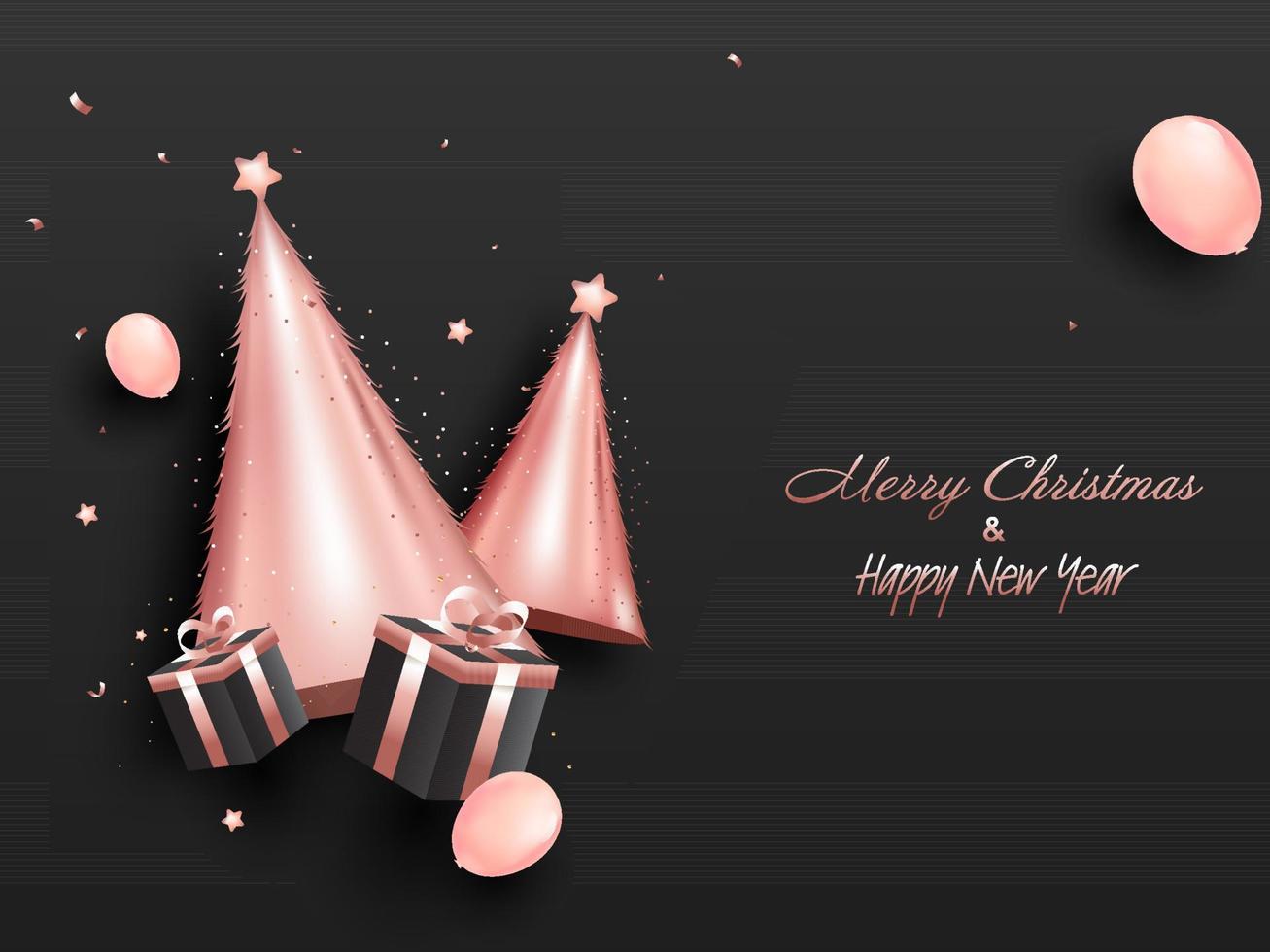 brillant rose Noël arbre cônes avec étoiles, réaliste cadeau des boites et des ballons décoré noir Contexte pour joyeux Noël Nouveau an. vecteur