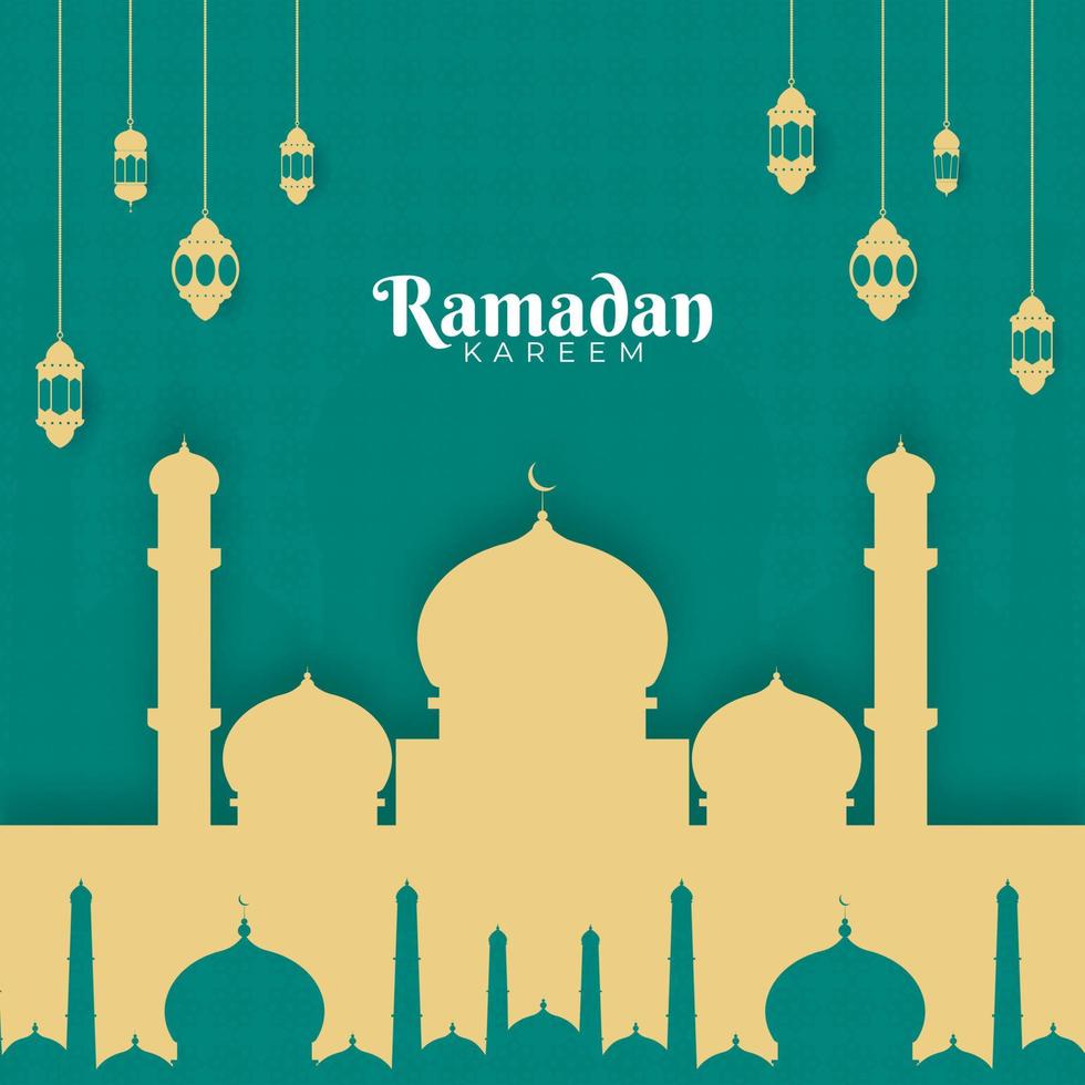 islamique saint mois de Ramadan kareem concept avec pendaison lanternes, et papier mosquée sur vert d'eau Contexte. vecteur