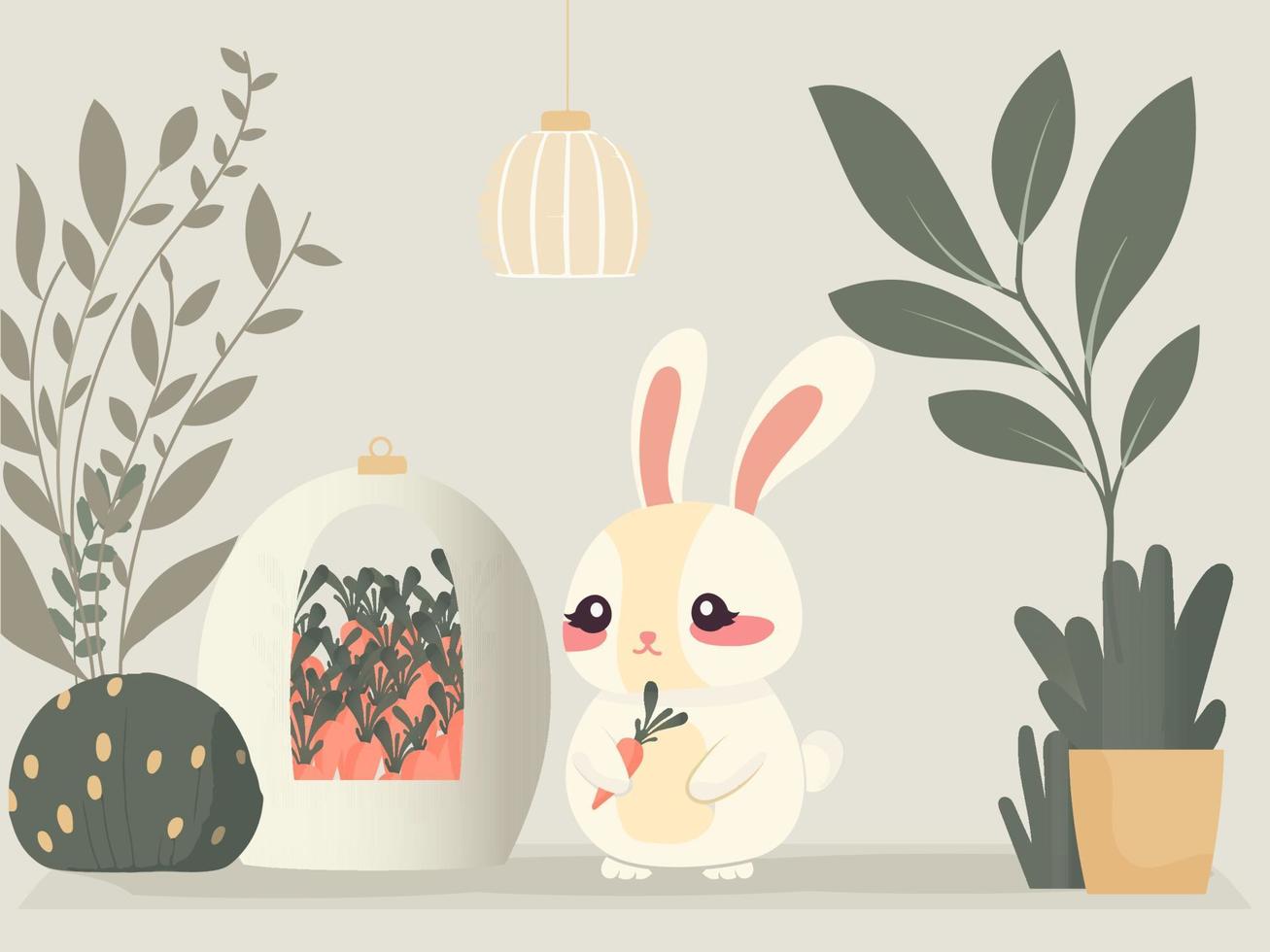 plat style mignonne lapin ou lapin personnage carotte en portant avec pot, feuilles les plantes décoratif gris Contexte et pendaison pendentif lampe. content Pâques journée concept. vecteur