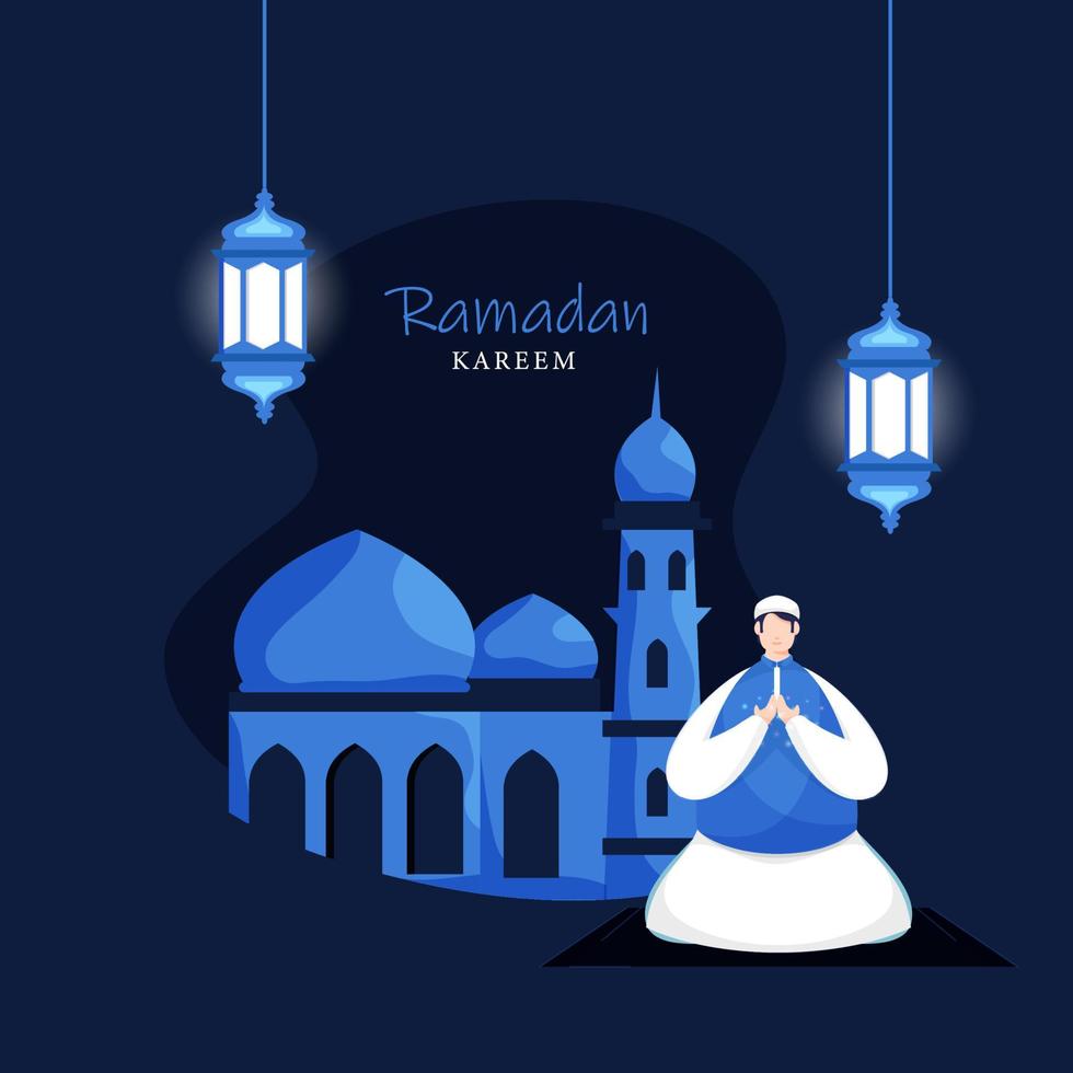 islamique saint mois de Ramadan kareem avec illuminé lanternes, mosquée et musulman homme offre namaz sur bleu Contexte. vecteur