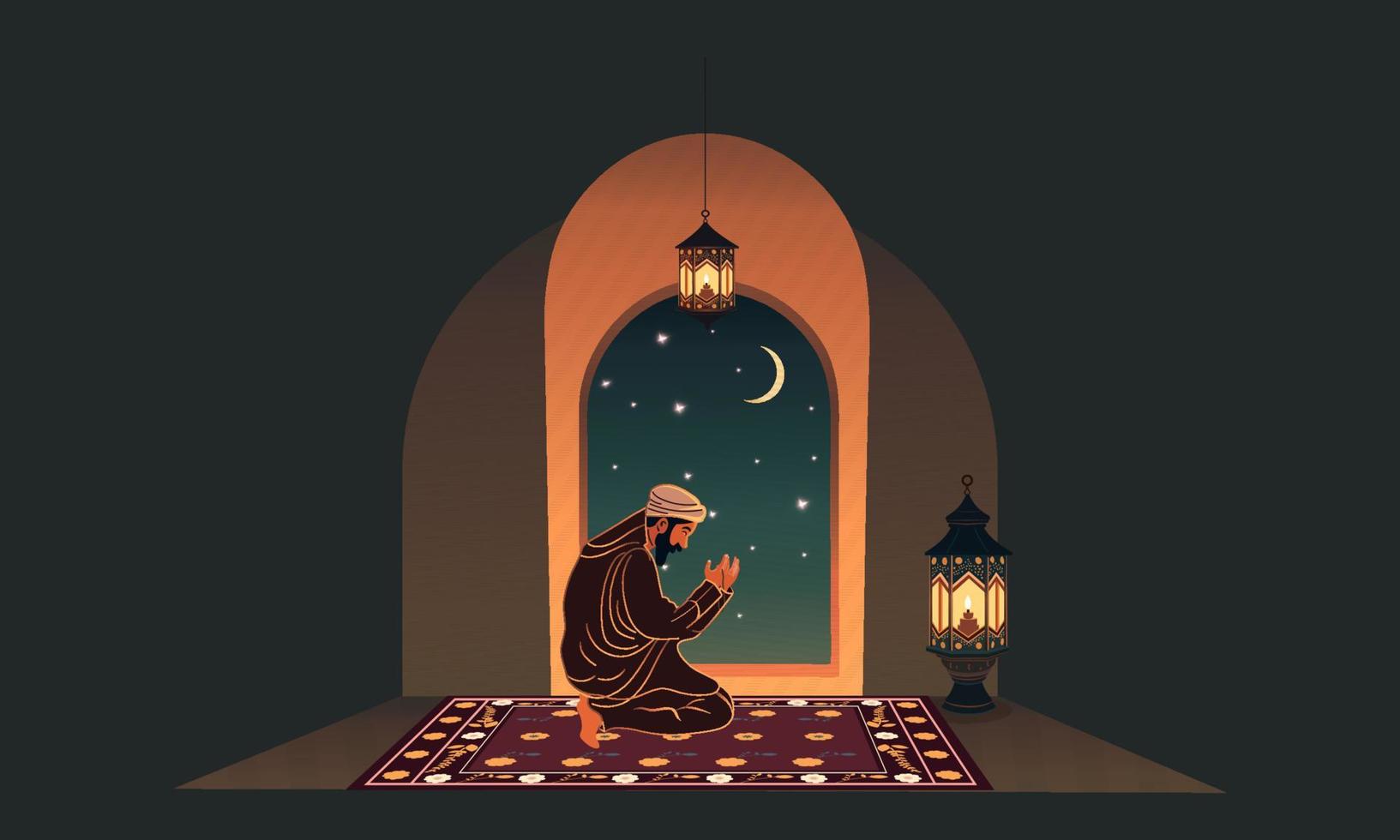 musulman homme personnage offre namaz sur tapis avec brûlant lanterne dans de face de fenêtre ou porte dans croissant lune nuit pour eid ou Ramadan concept. vecteur