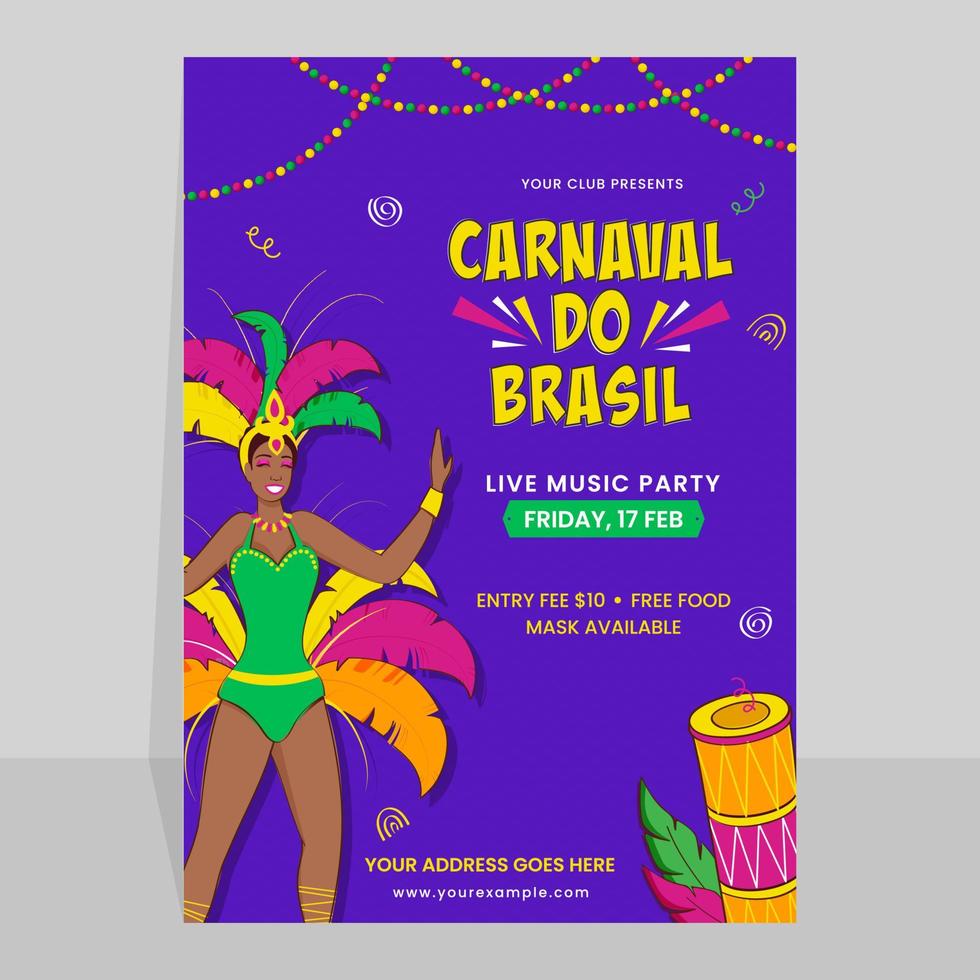 carnaval de Brésil invitation carte avec femelle samba Danseur personnage et lieu détails. vecteur