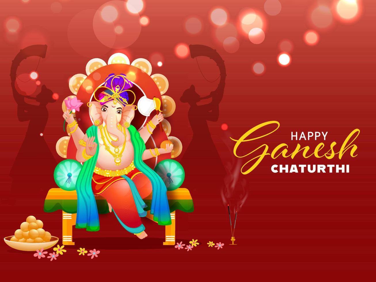 hindou mythologie Seigneur ganesha à trône idole avec Indien sucré et silhouette tutari joueur Hommes sur rouge bokeh effet Contexte pour content ganesh chaturthi fête. vecteur