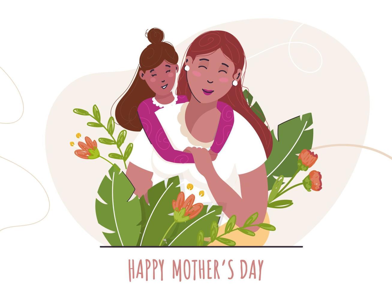 vecteur illustration de une mignonne fille étreindre sa mère de dos, vert feuilles décoré Contexte. concept pour content de la mère journée.