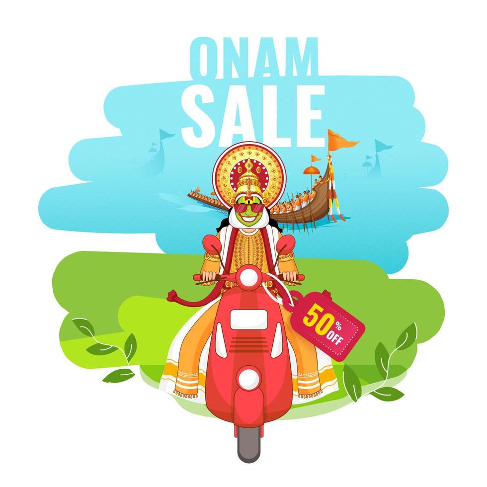 onam vente affiche conception avec étiqueter, aranmula bateau et Kathakali Danseur équitation scooter pour publicité. vecteur