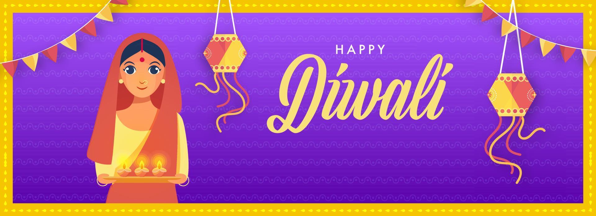 content diwali entête ou bannière conception avec Indien femme en portant assiette de allumé pétrole les lampes sur violet et Jaune Contexte. vecteur