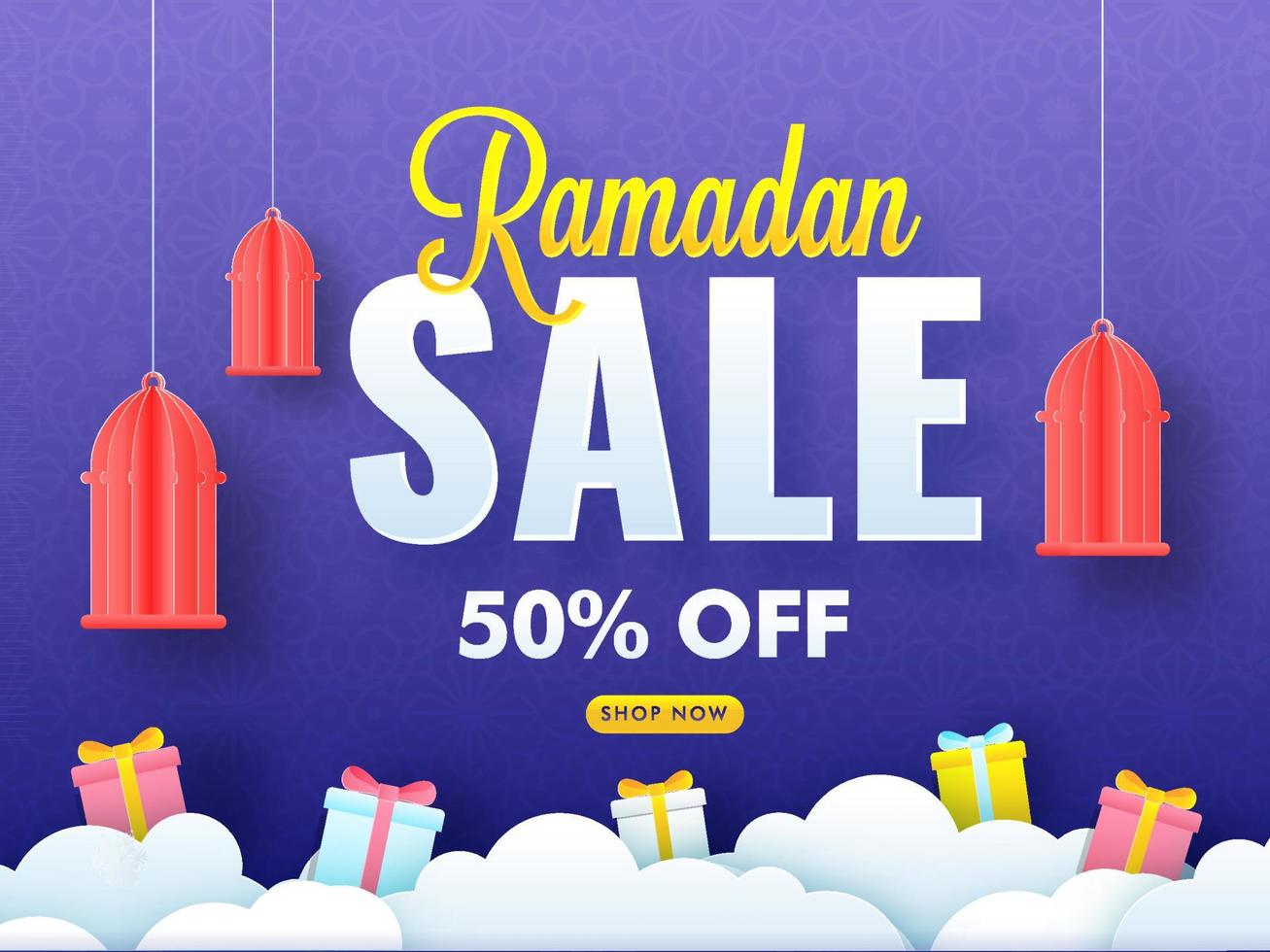 Ramadan vente affiche conception avec remise offre, cadeau boîte et pendaison papier Couper lanternes sur des nuages violet islamique modèle Contexte. vecteur