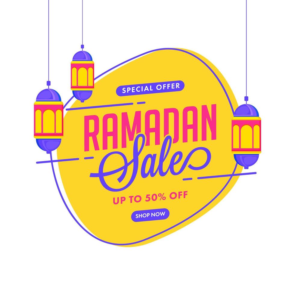 Ramadan vente affiche conception décoré avec pendaison lanternes. vecteur