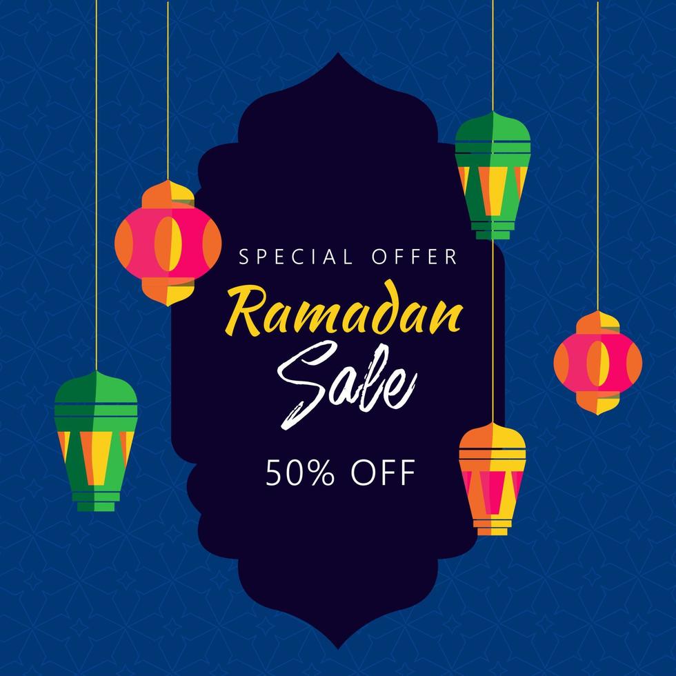 islamique saint mois de Ramadan vente concept avec pendaison papier lanternes sur violet bleu et violet Contexte. vecteur